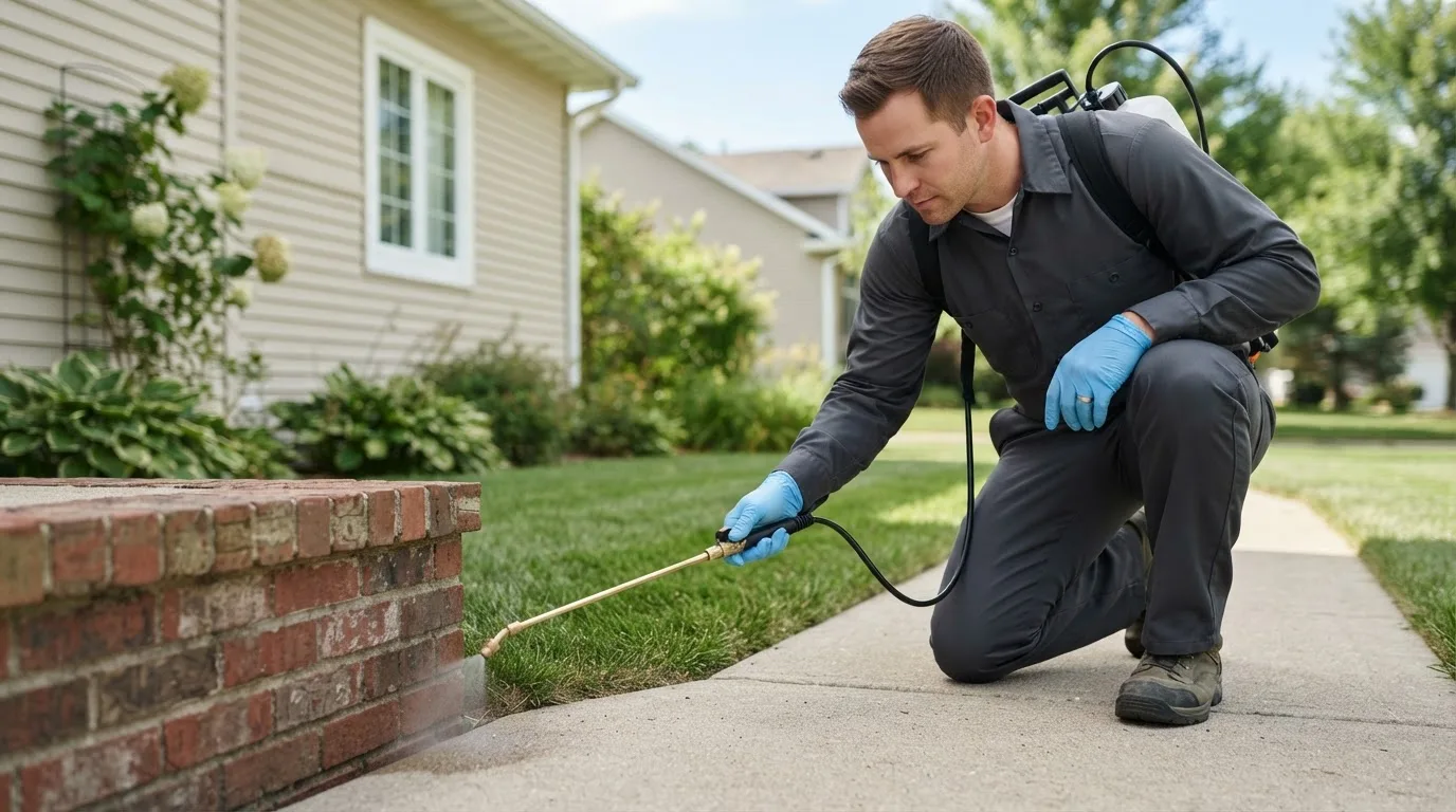Pest control technician treating a home near Cedar Crest, NM