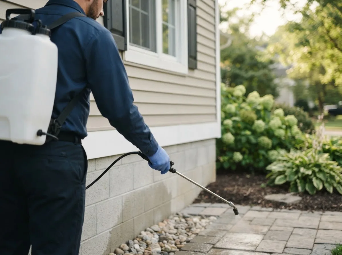 Pest control technician inspecting a home in Cedar Crest, NM
